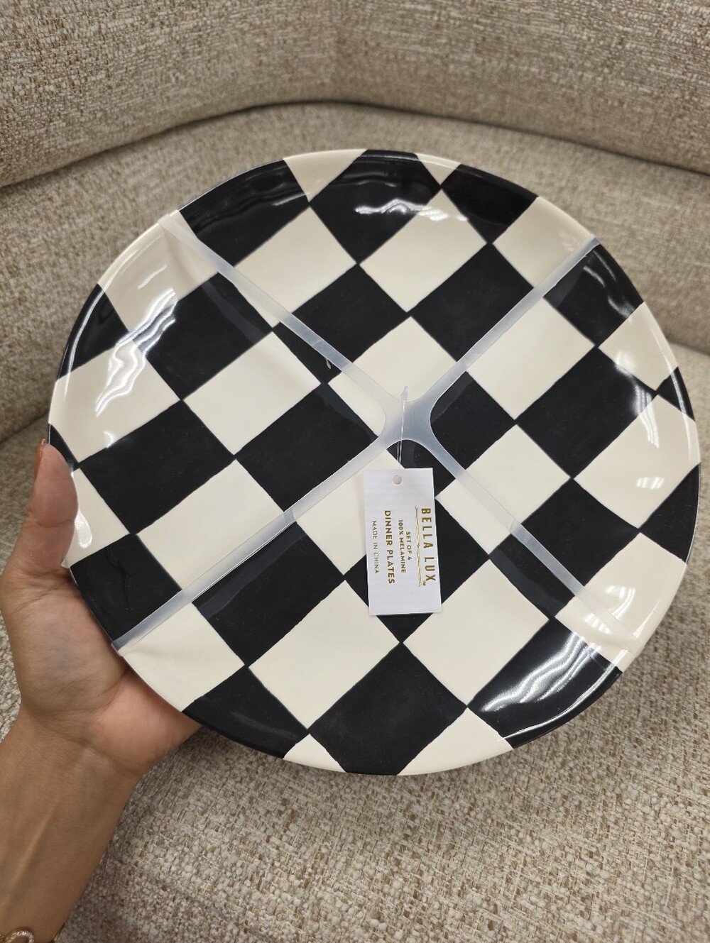 Bella Luxx Melamjne Black and White Checkerboard Dinner Plate